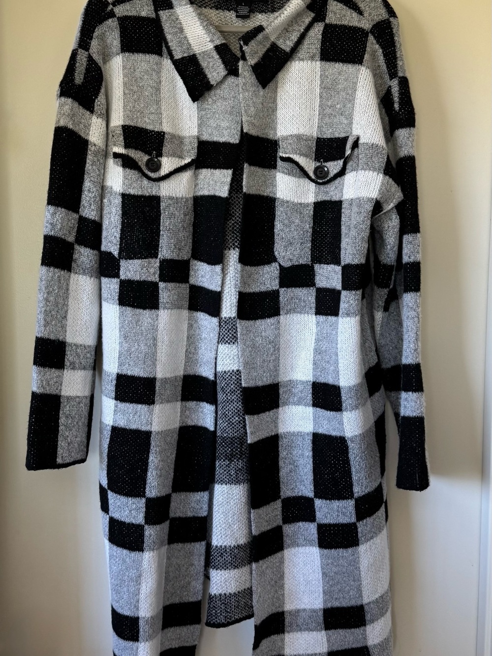 Kempson Women’s Black & White Plaid Long Coat
